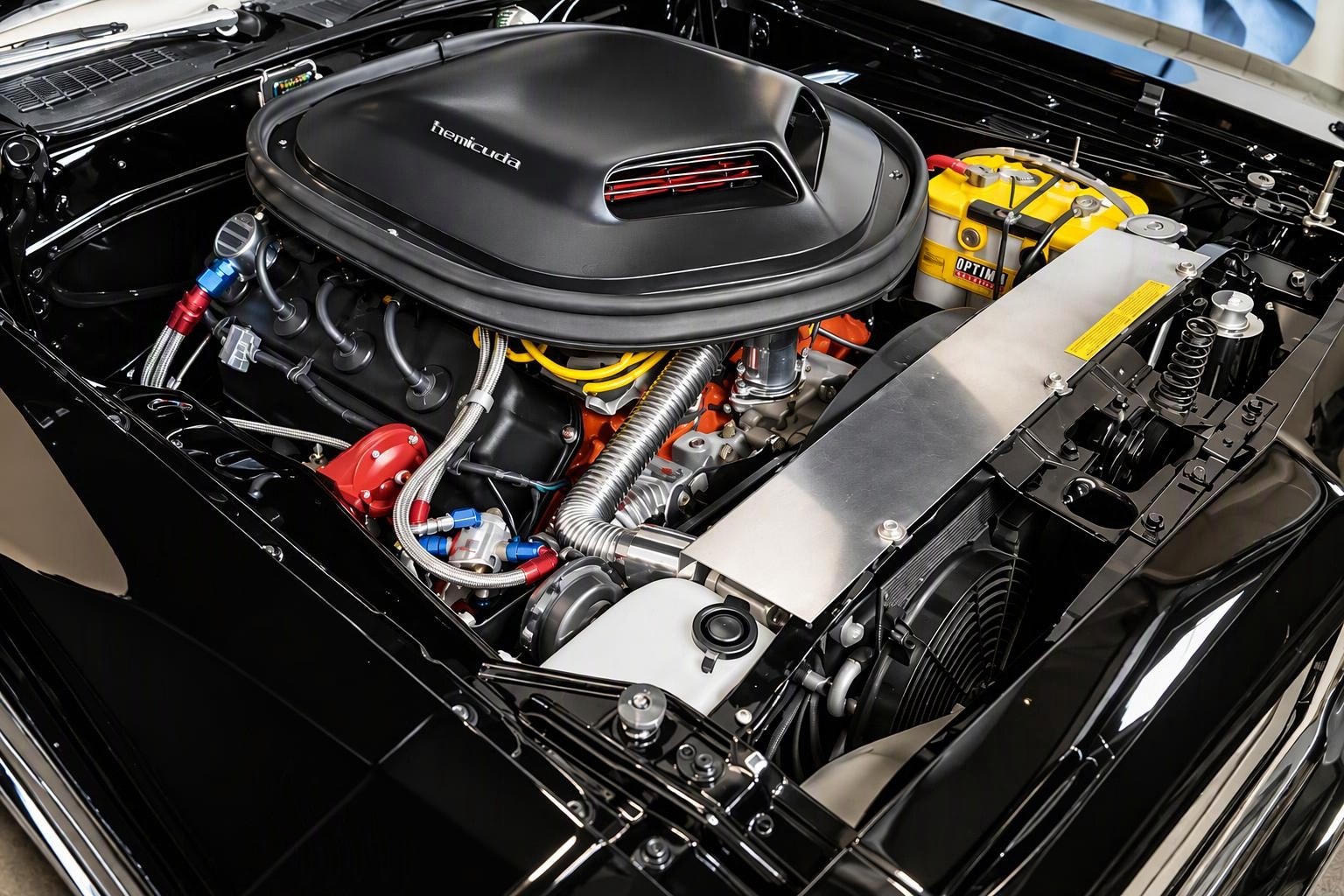 The finished 426 Super Stock Hemi — dual 4-barrel carburetors, black wrinkle rocker covers, chrome accessories, ready to drop into the Black Beast
