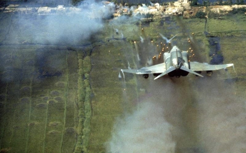 Vietnam War era fighter aircraft in flight — the skies Dan Powell flew through in 1968 before returning home with shrapnel wounds and a Purple Heart