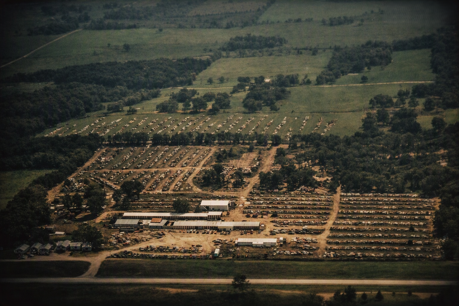 Aerial view of R&R Salvage — 160 acres of Mopars, Verona Missouri, the largest Mopar salvage yard in the country
