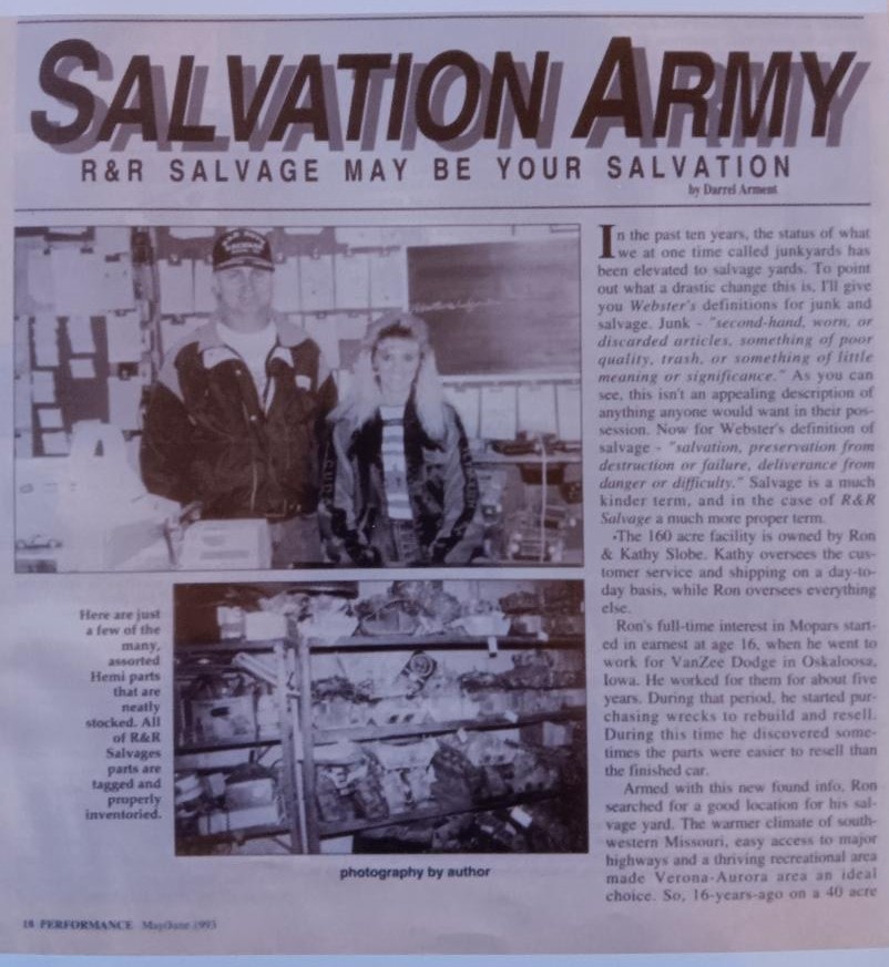 Salvation Army — R&R Salvage May Be Your Salvation, Performance Magazine article featuring Ron and Kathy Slobe's 160-acre Mopar yard in Verona Missouri