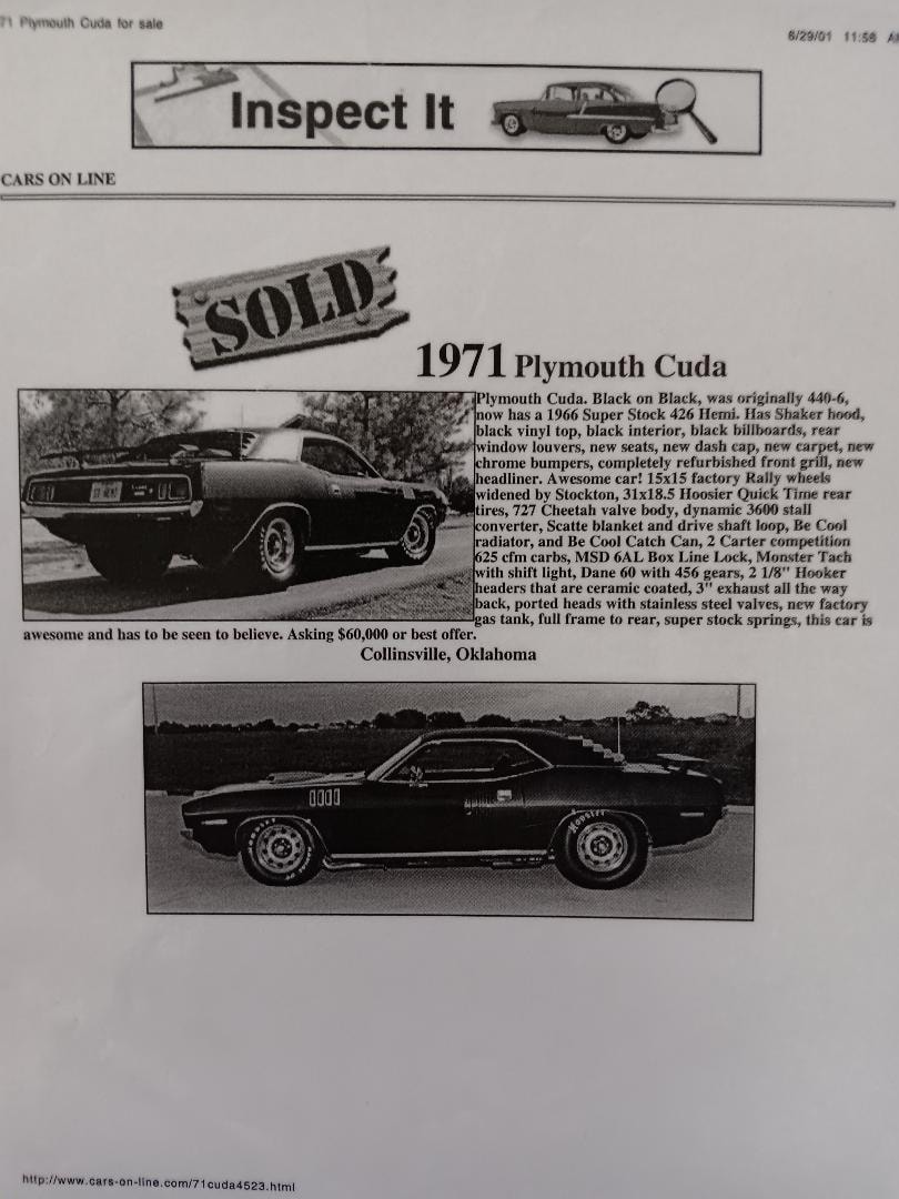 Cars On Line listing for Dan Powell 1971 Plymouth Cuda — stamped SOLD June 29 2001 Collinsville Oklahoma asking 60000