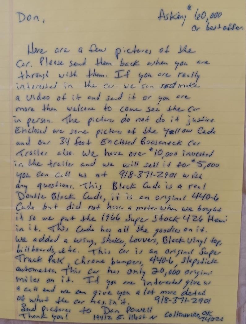 Dan Powell handwritten letter to Don Almeido describing the Black Beast — 1971 440-6 double-black Cuda with 1966 Super Stock 426 Hemi asking 60000 or best offer