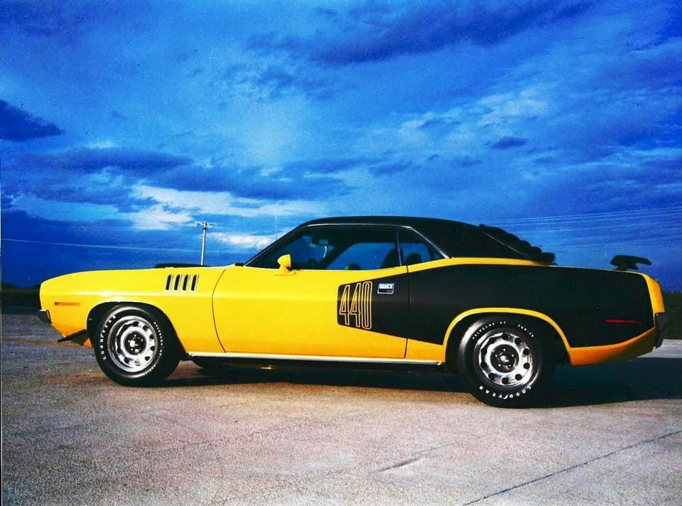 Dan Powell 1971 Plymouth 440-6 Promo Cuda — yellow and black World of Wheels show car the car that brought the Missouri collector to Collinsville and led him to the Black Beast