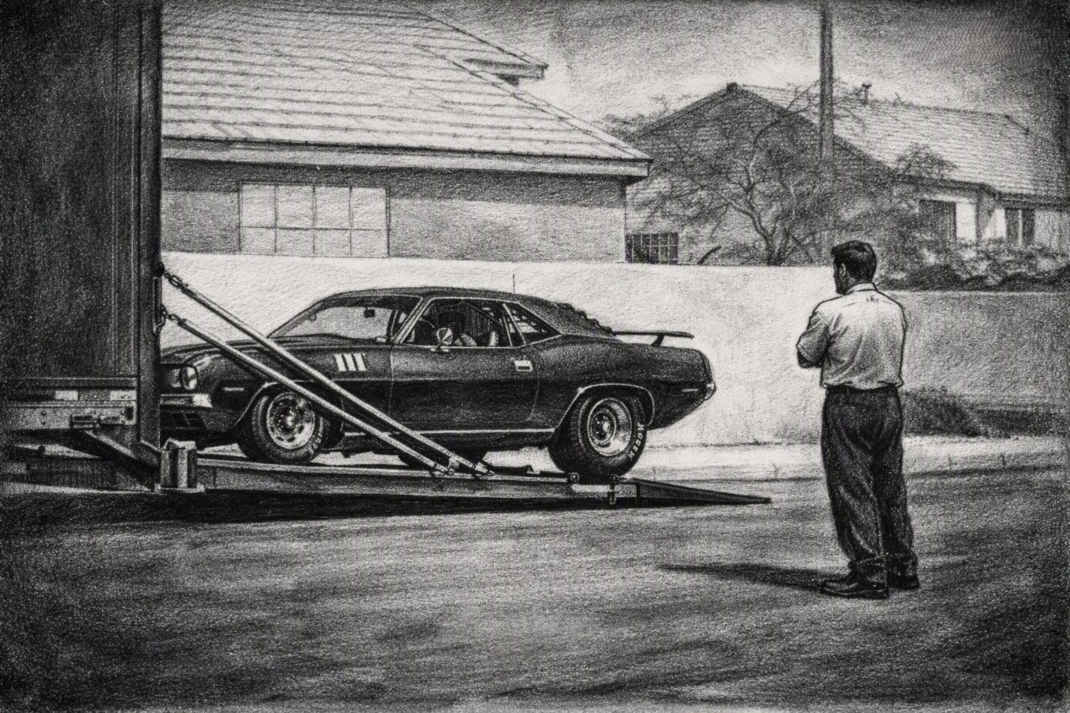 The Black Beast arriving home — 1971 TX9 Hemi Cuda rolling off the transport trailer, Don Almeido watching from the driveway