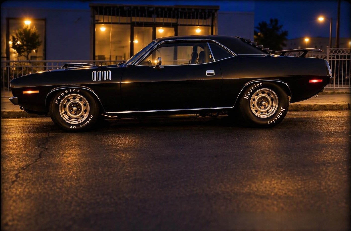 The Black Beast — TX9 double-black 1971 426 Hemi Cuda at night, amber light washing over the flanks, the car still and commanding