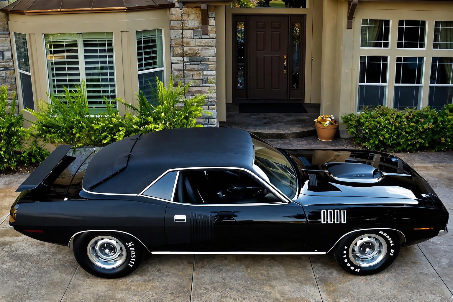 The Black Beast — 1971 Triple Black HemiCuda parked in the driveway at home, Hoosier rubber, shaker hood, the dream finally at rest