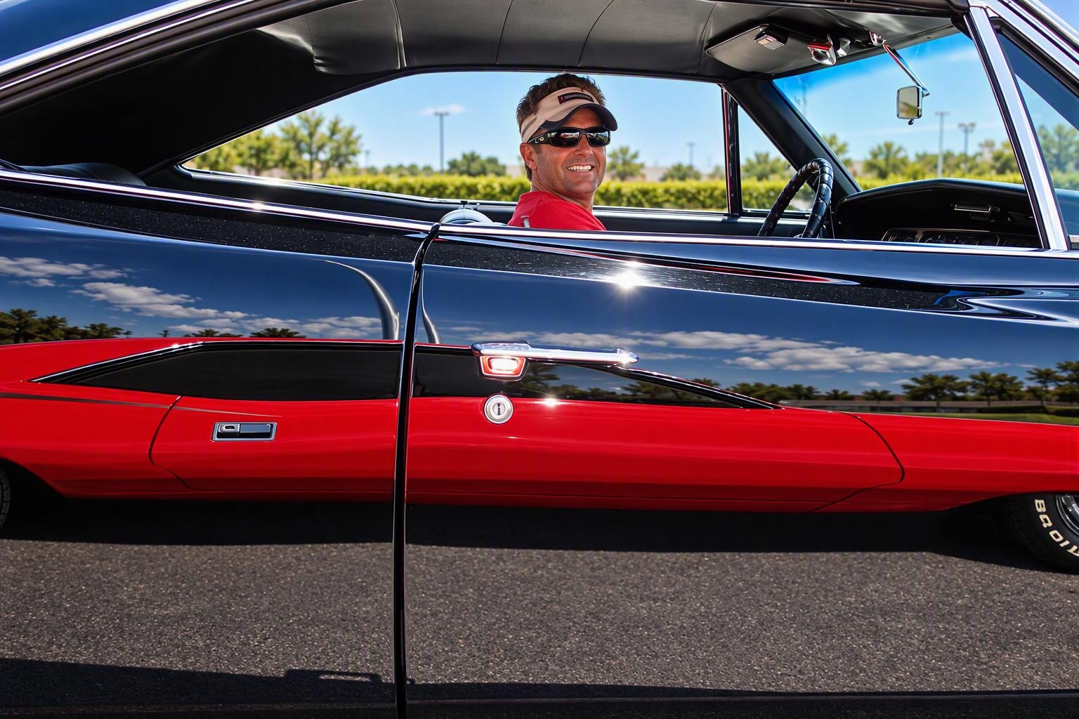 Don Almeido smiling behind the wheel of his 1968 Dodge Charger R/T — a good moment in a car that could never quite replace the missing Cuda