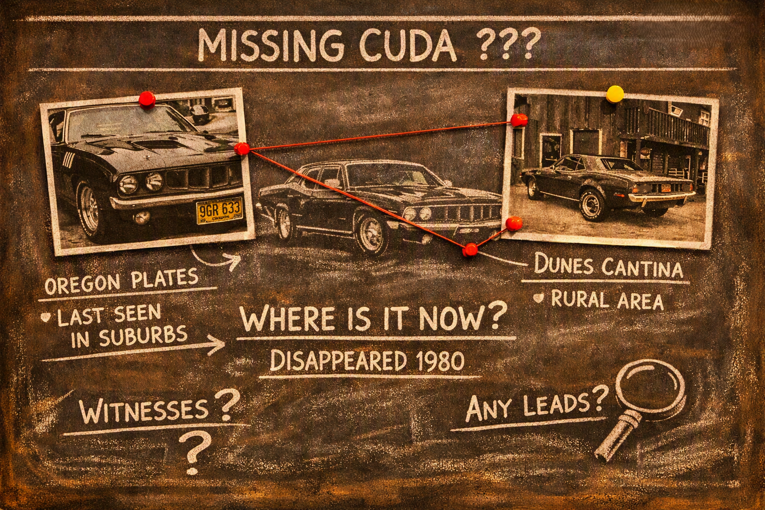Investigation board documenting leads in the Missing Cuda case