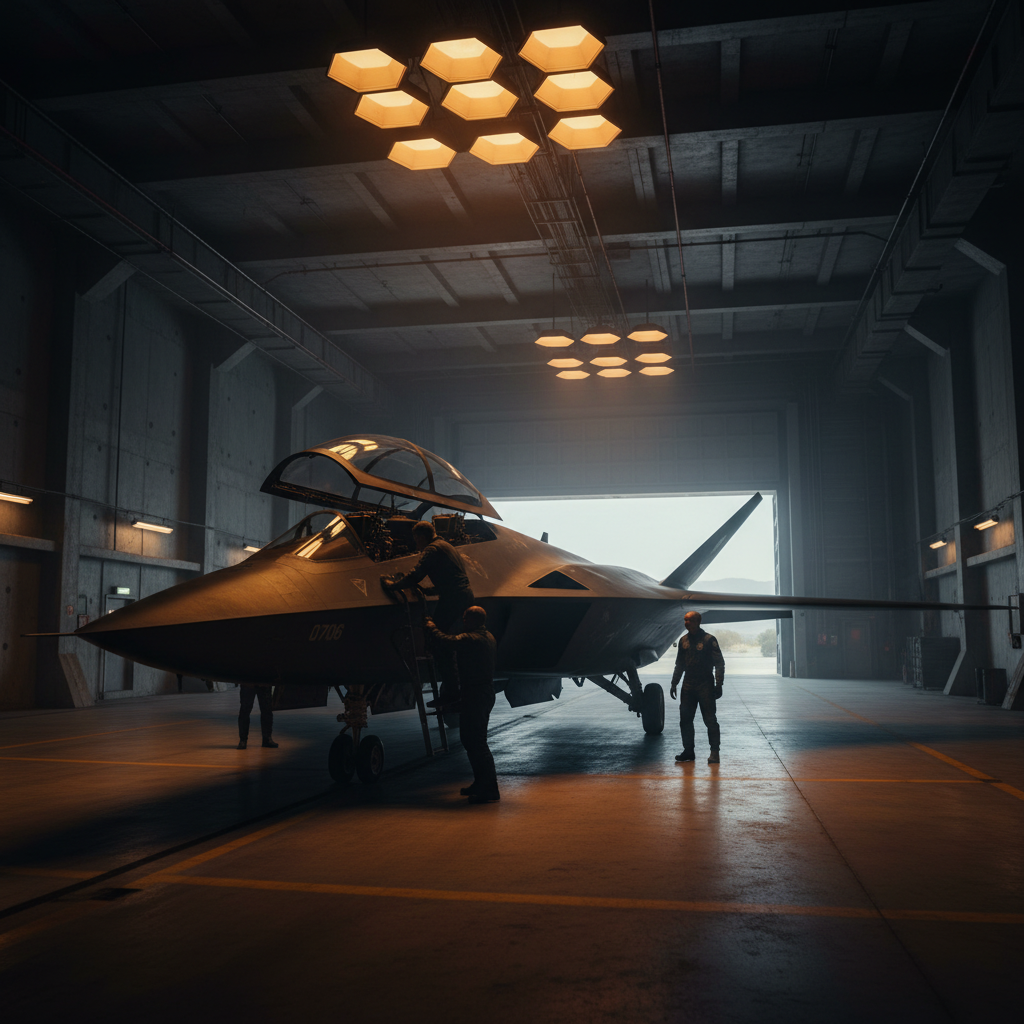 SSF-6 Sphere-Star Fighter inside amber-lit underground bunker — three crew boarding the matte obsidian stealth craft as blast doors open to Nevada desert beyond