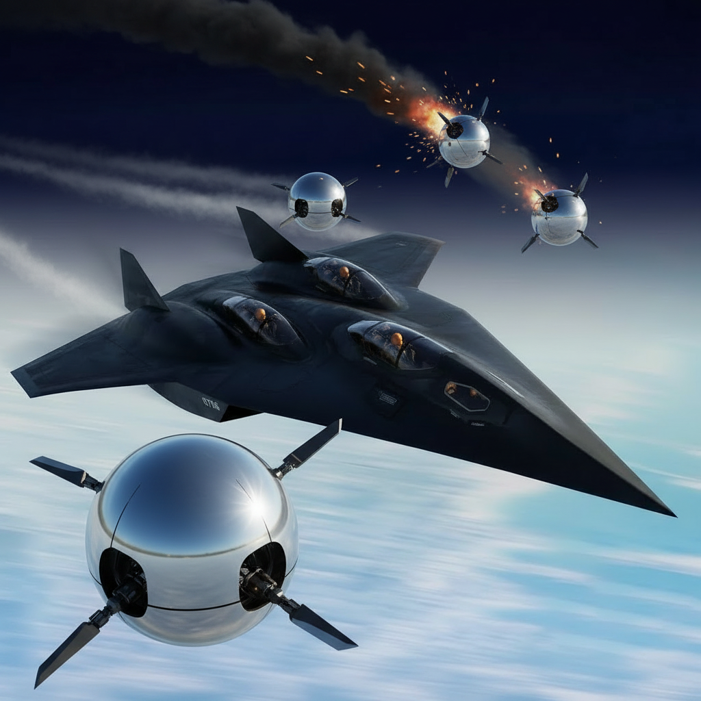 The SSF‑6 Sphere‑Star Fighter banks hard through the upper stratosphere, cannons blazing white fire as dozens of silver Phantasm spheres swarm the craft above the cloud layer