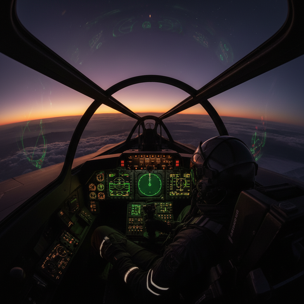 SSF-6 cockpit interior at extreme altitude — pilot scanning clean radar instruments, violet sky fading to black through the canopy glass, first stars appearing