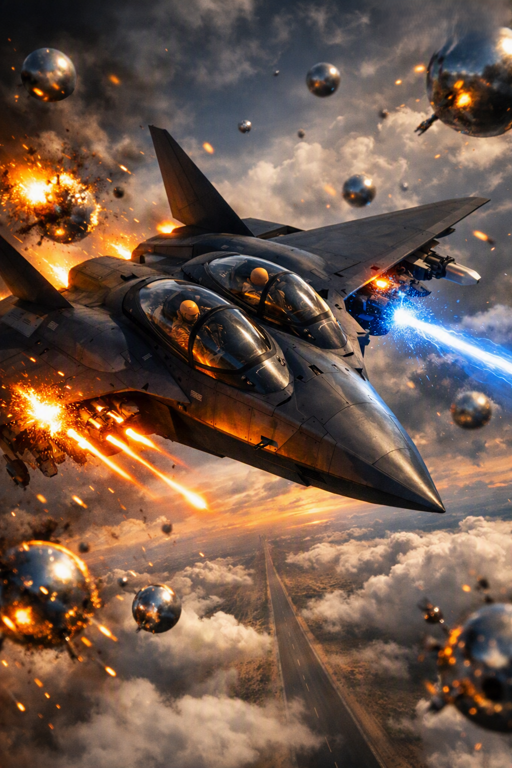 SSF-6 sphere fighter dogfight — wing-mounted cannons blazing as silver spheres swarm the stratosphere, sky lit white with detonations