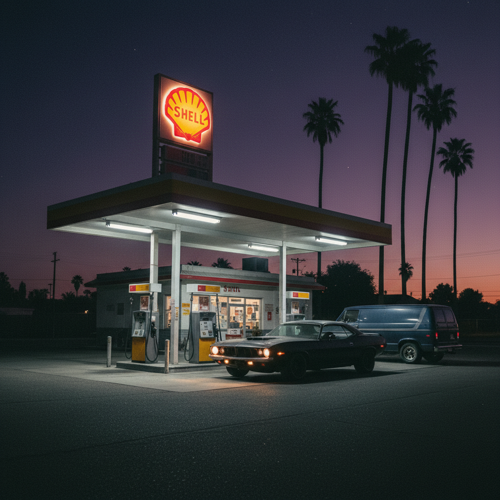 A period-correct 1980s Shell gas station glows at the corner of Reseda Blvd and Devonshire St in the San Fernando Valley at night — the exact corner where James Baker's 1971 Cuda swap took place