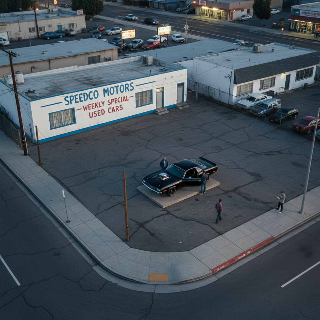 Aerial view of Speedco Motors at Reseda and Cohasset — empty lot, bare pennant wire, white stucco building with faded SPEEDCO MOTORS signage