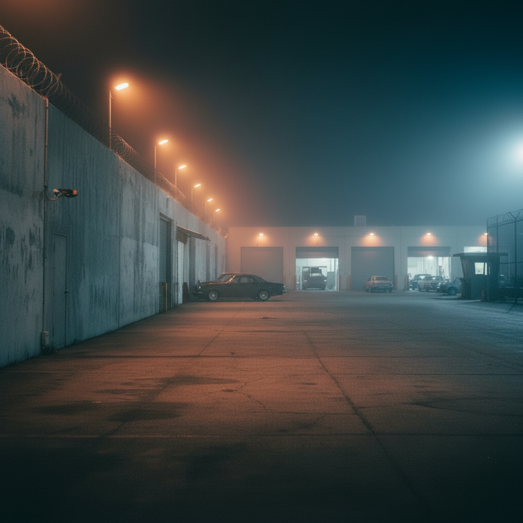 The RPC-6 parked in profile along the Burbank Studios backlot wall topped with barbed wire — sodium vapor lights, rolling storage doors in the distance, no Cuda visible among the shadows