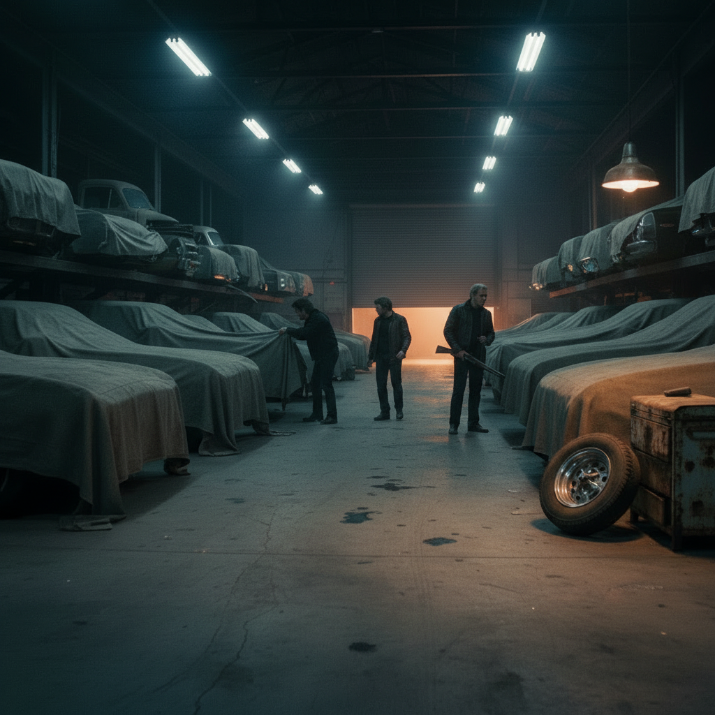 Three figures searching rows of covered vehicles in a dim Hollywood studio storage garage — a lone Cragar SS wheel with a Pos-A-Traction Twister tire leans against a rusted toolbox in the corner