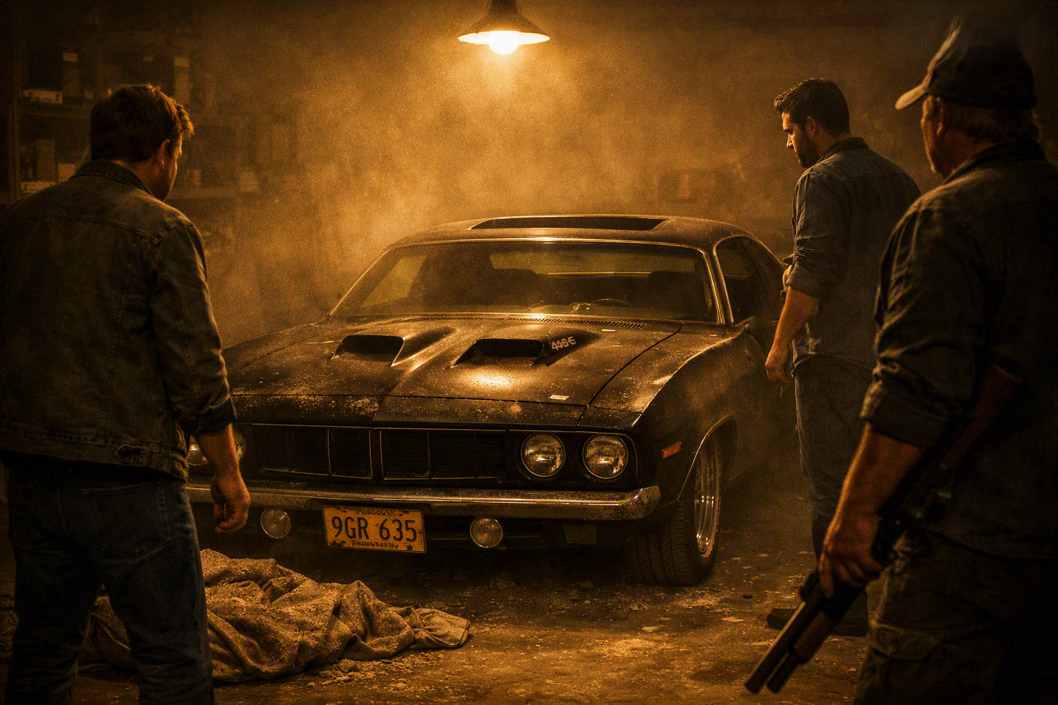 Three men standing around the black 1971 Plymouth Cuda under a single overhead work light in Building 7 — canvas dropped to the floor, Oregon plate 9GR 635 glowing in the dust, 440-6 hood scoops front and center