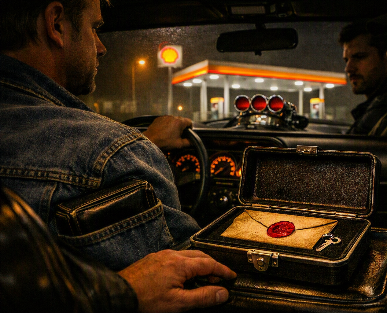 The fireproof container open on the console of the RPC-6 at Tim's Shell station — wax-sealed envelope and key stamped FIRST FEDERAL RESEDA inside, Shell station canopy glowing through the windshield