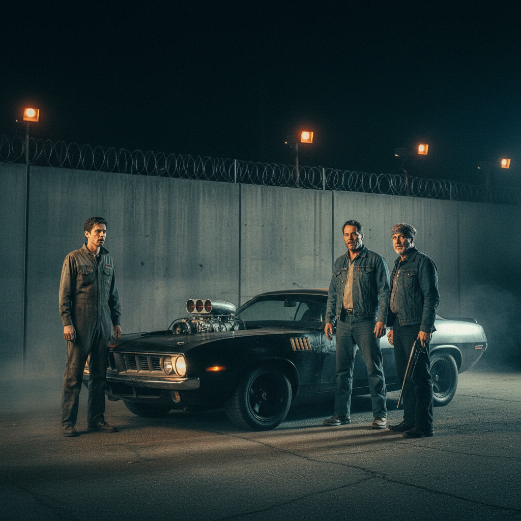 Tim, Mike and Jody standing outside Burbank Studios around the RPC-6 in the sodium vapor dark — faces caught between exhaustion, disbelief and exhilaration, the studio wall and barbed wire behind them