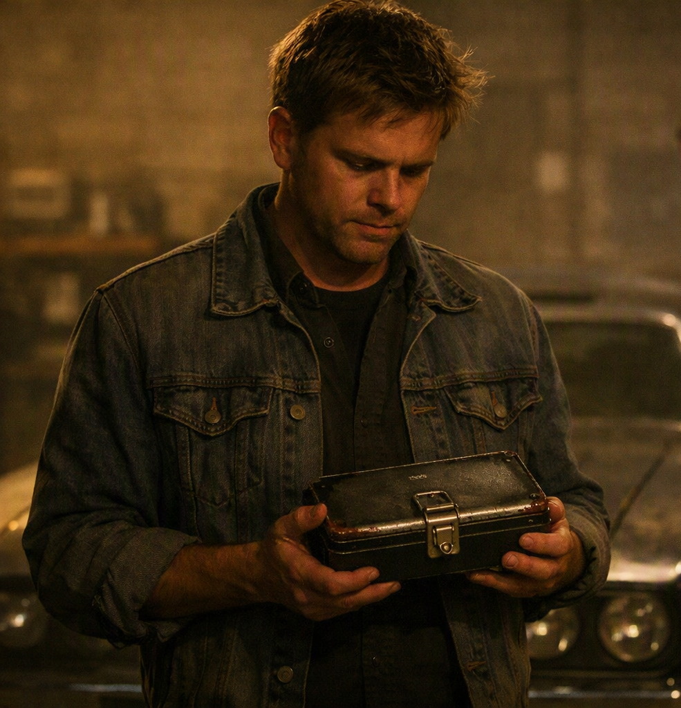 Tim holding the small fireproof container in Building 7, the Baker Cuda visible behind him in the work light