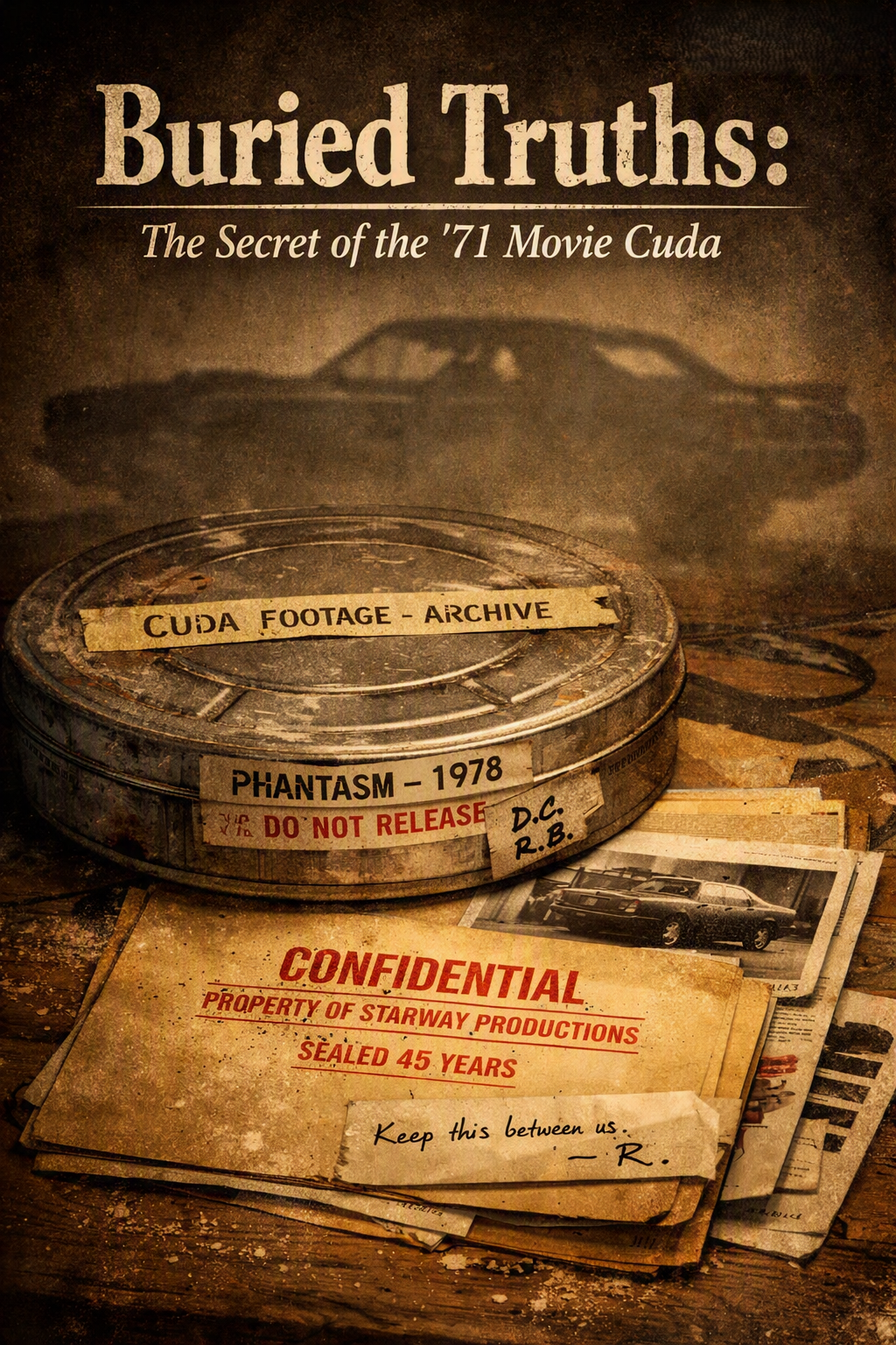 Buried Truths: The Secret of the '71 Movie Cuda — archival film canister marked CUDA FOOTAGE - ARCHIVE, PHANTASM 1978, DO NOT RELEASE, with confidential documents sealed 45 years and a note reading Keep this between us. — R.