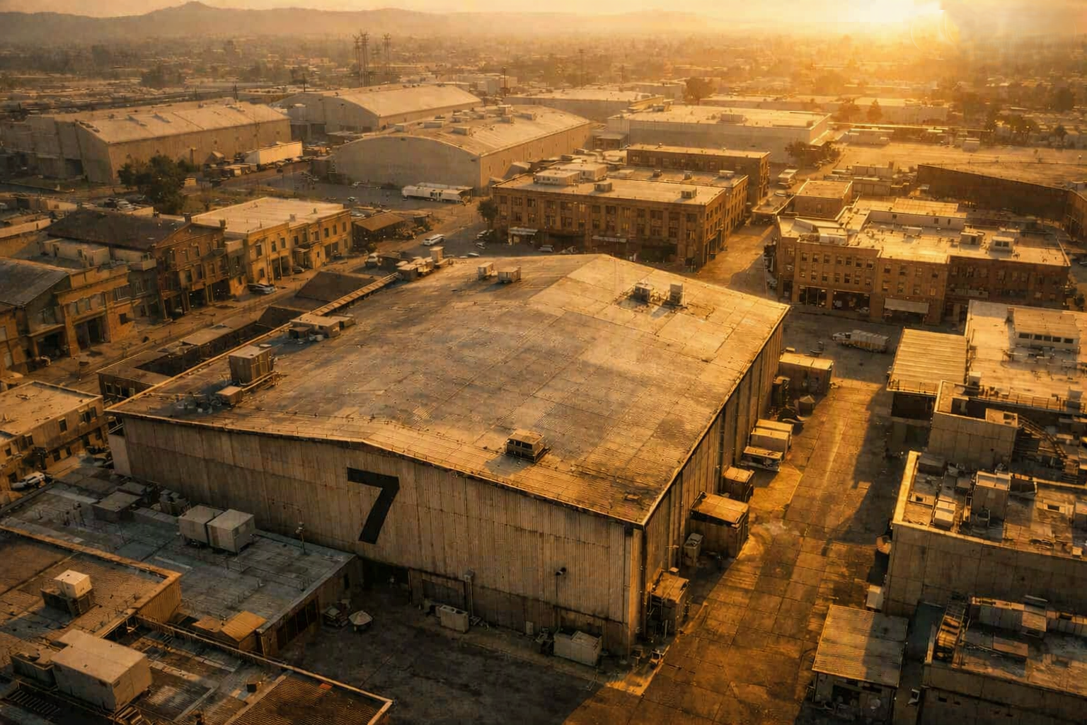 Aerial golden-hour photograph of Burbank Studios Building 7 — the massive soundstage where the original 1971 Phantasm movie Cuda was stored for decades, the number 7 painted large on the corrugated metal facade