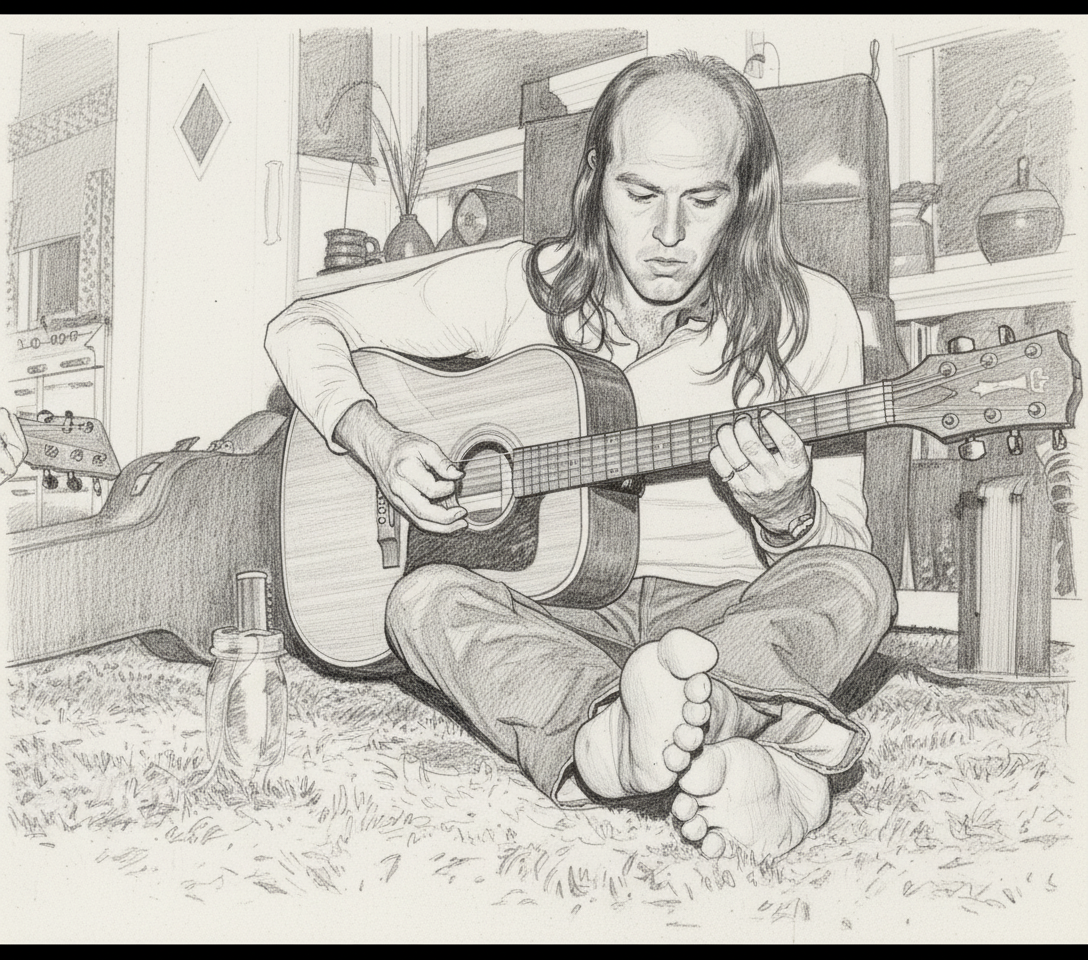 Pencil sketch of Reggie Bannister seated cross-legged on a shag rug playing acoustic guitar, barefoot, long hair, focused on the strings