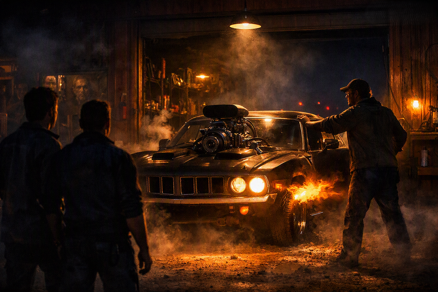 RPC-6 fires in the desert outpost garage — flames blast from the side pipes as Mike, Jody, and Tim stand silhouetted in the inferno
