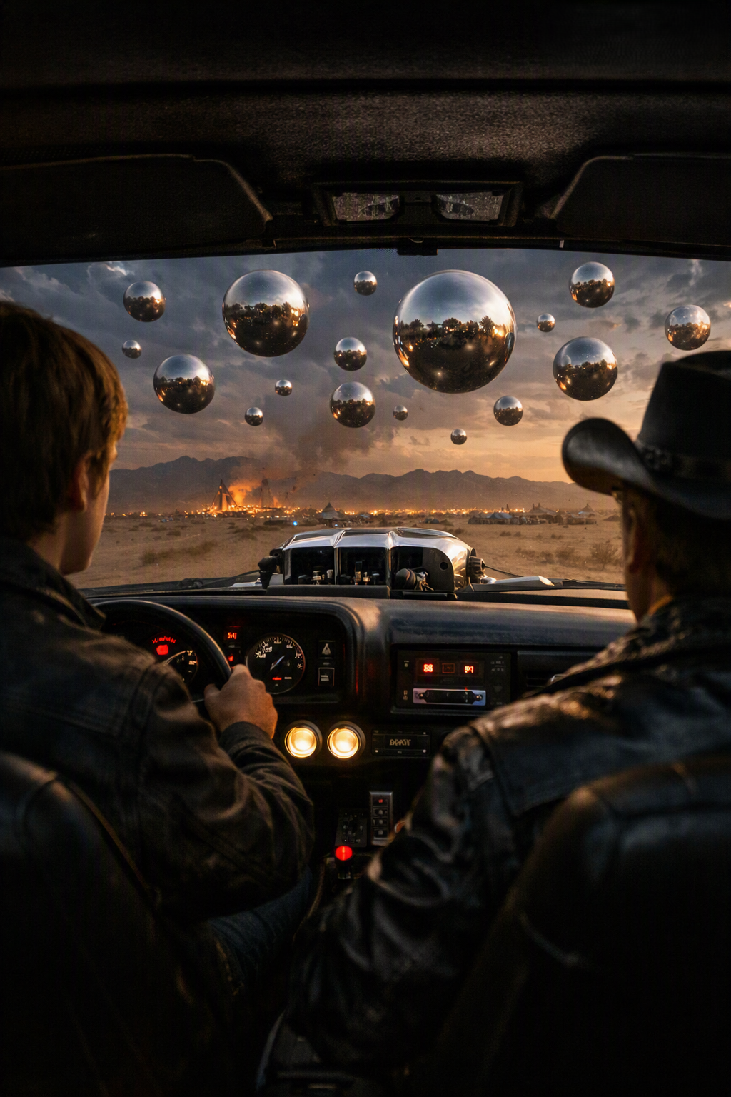 Silver spheres drifting overhead as seen through the Cuda windshield
