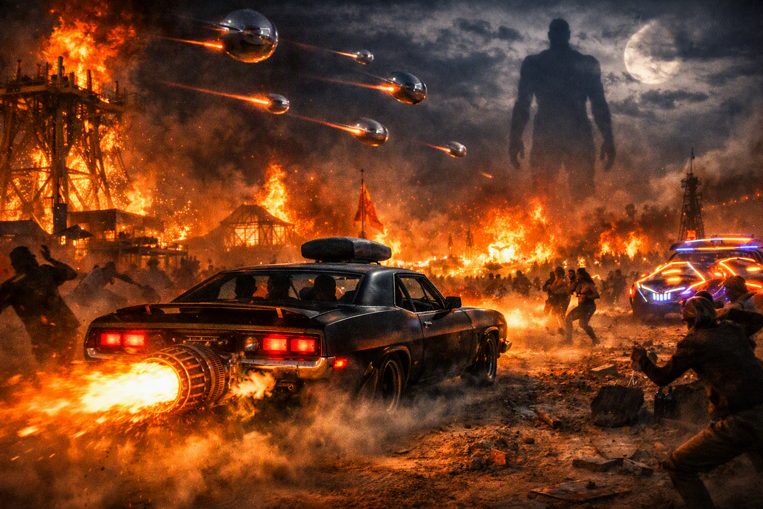 RPC-6 with jet thruster blazes through the Burning Man festival as silver spheres rain down and the Tall Man towers over the inferno
