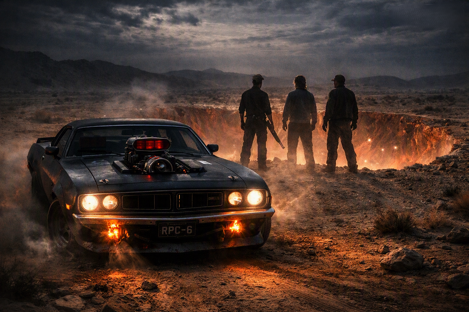 The RPC-6 idles at the edge of a glowing crater — a doorway to the Tall Man's world — as the brothers stand in silence