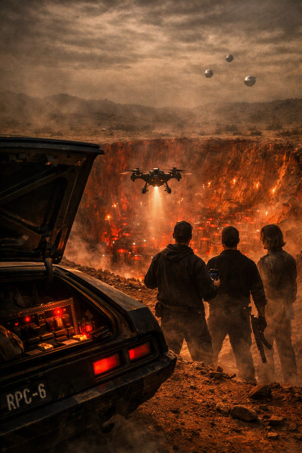 Tim, Mike, and Jody stand at the crater's edge as a recon drone descends into the Tall Man's underground facility while silver spheres rise from below