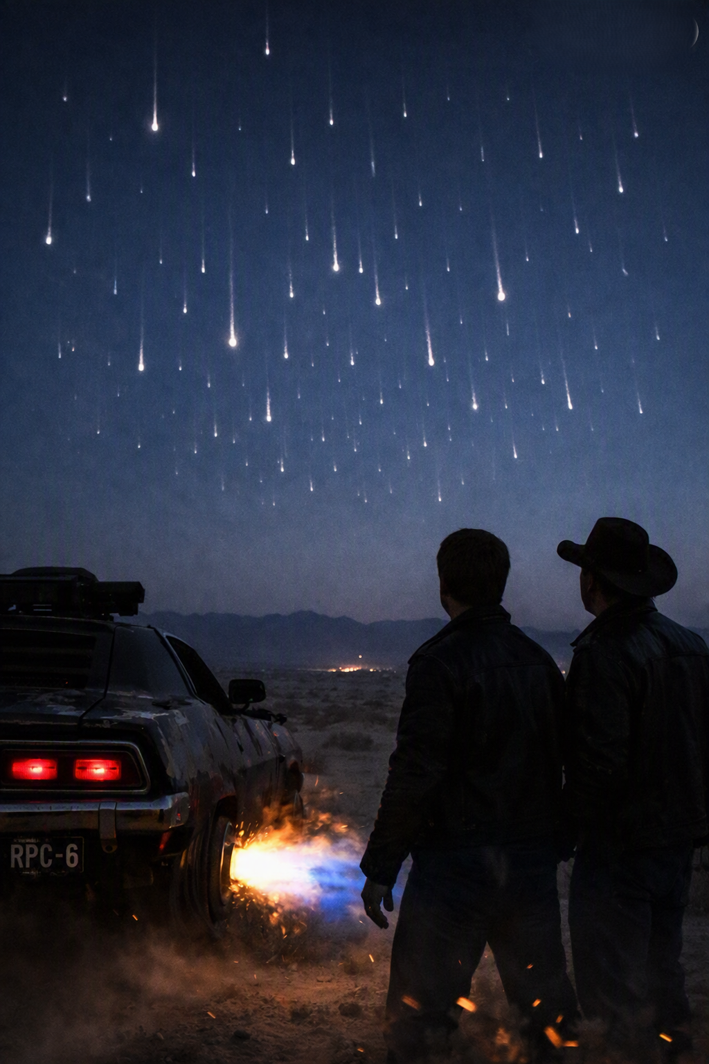 Two silhouetted figures stand beside the RPC-6 watching silver spheres rain from the night sky over the desert wasteland