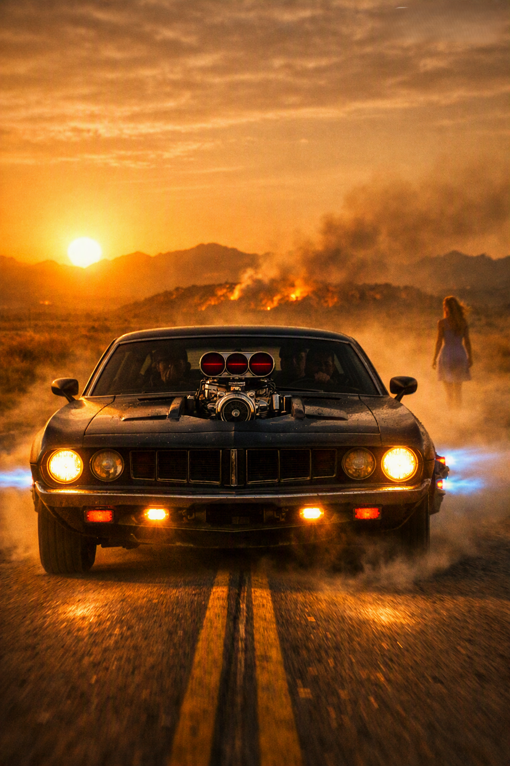 The RPC‑6 charges head-on down a desert highway at dawn, blower screaming, jet thrusters firing blue, as the woman in lavender recedes into smoke behind it
