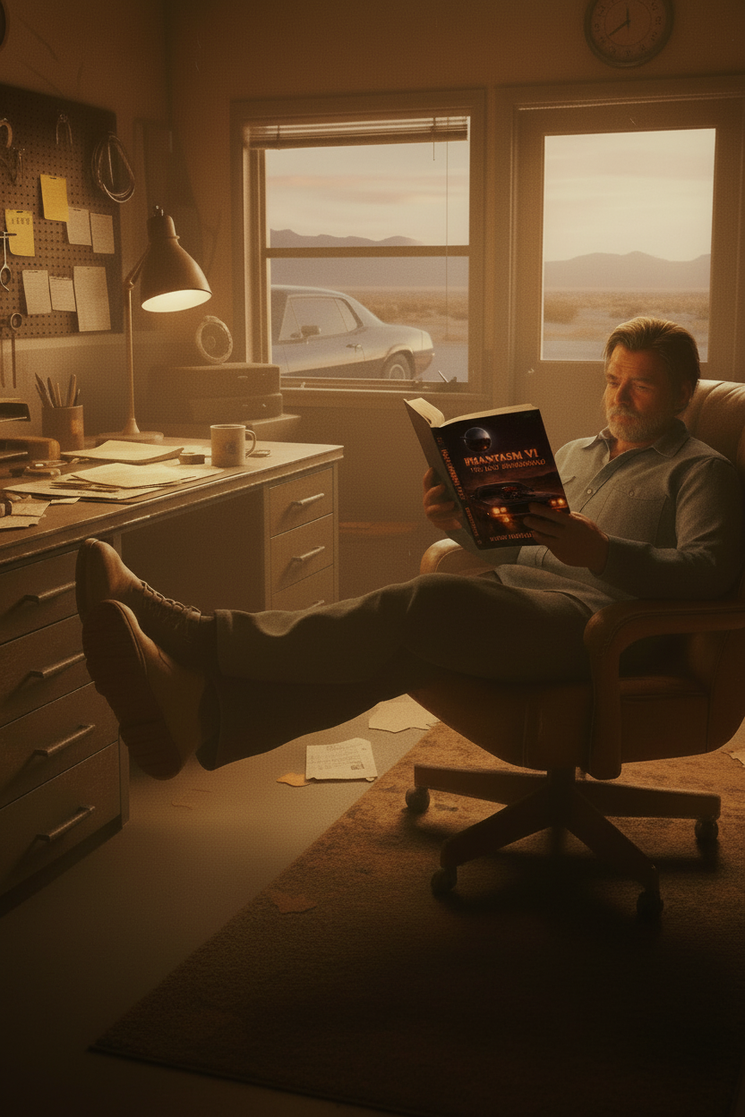 Tim sitting in his service station office reading Phantasm VI: The Last Awakening — the final scene