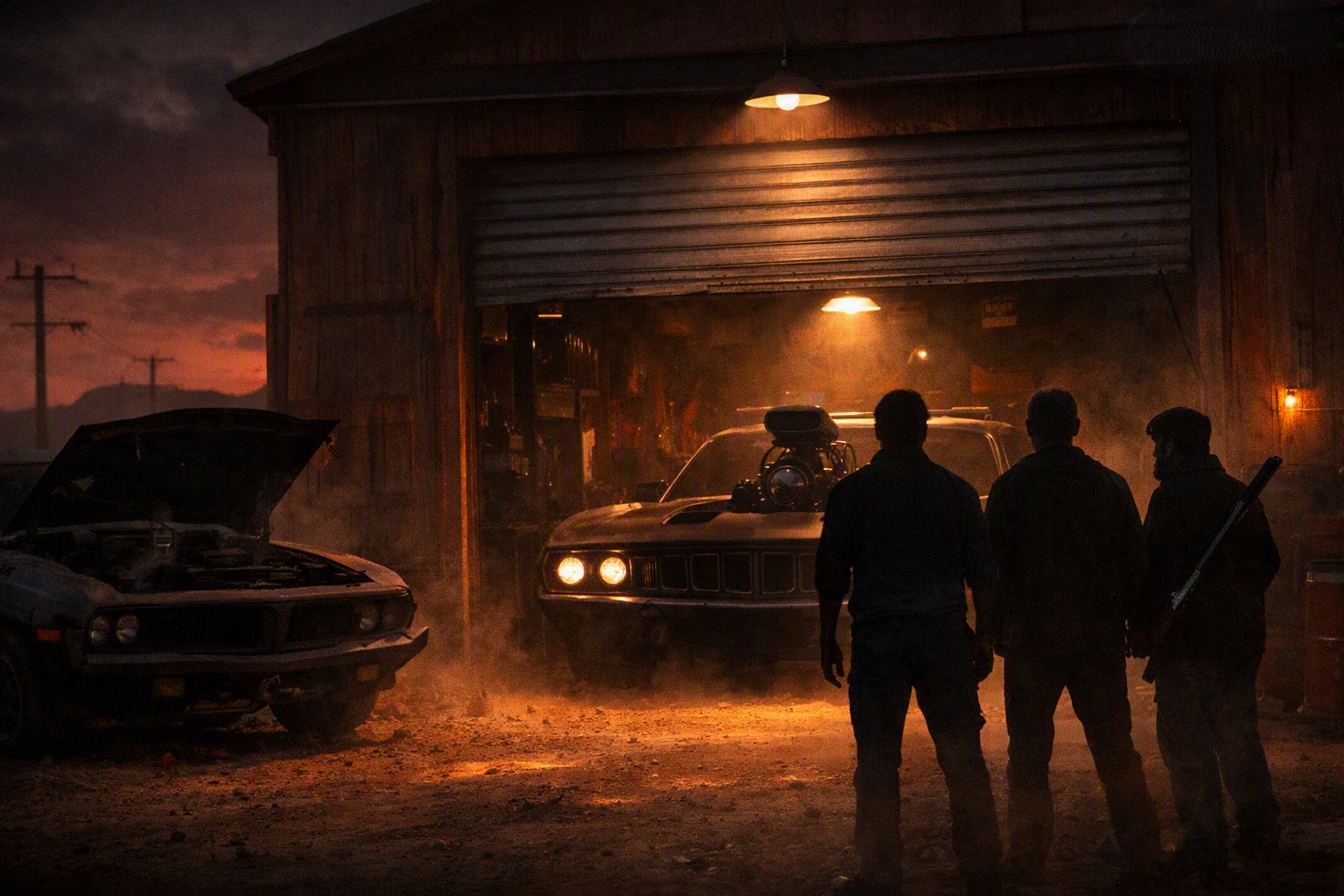Desert garage at dusk — three silhouetted warriors face the Battlecuda waiting inside, headlights burning through the dust