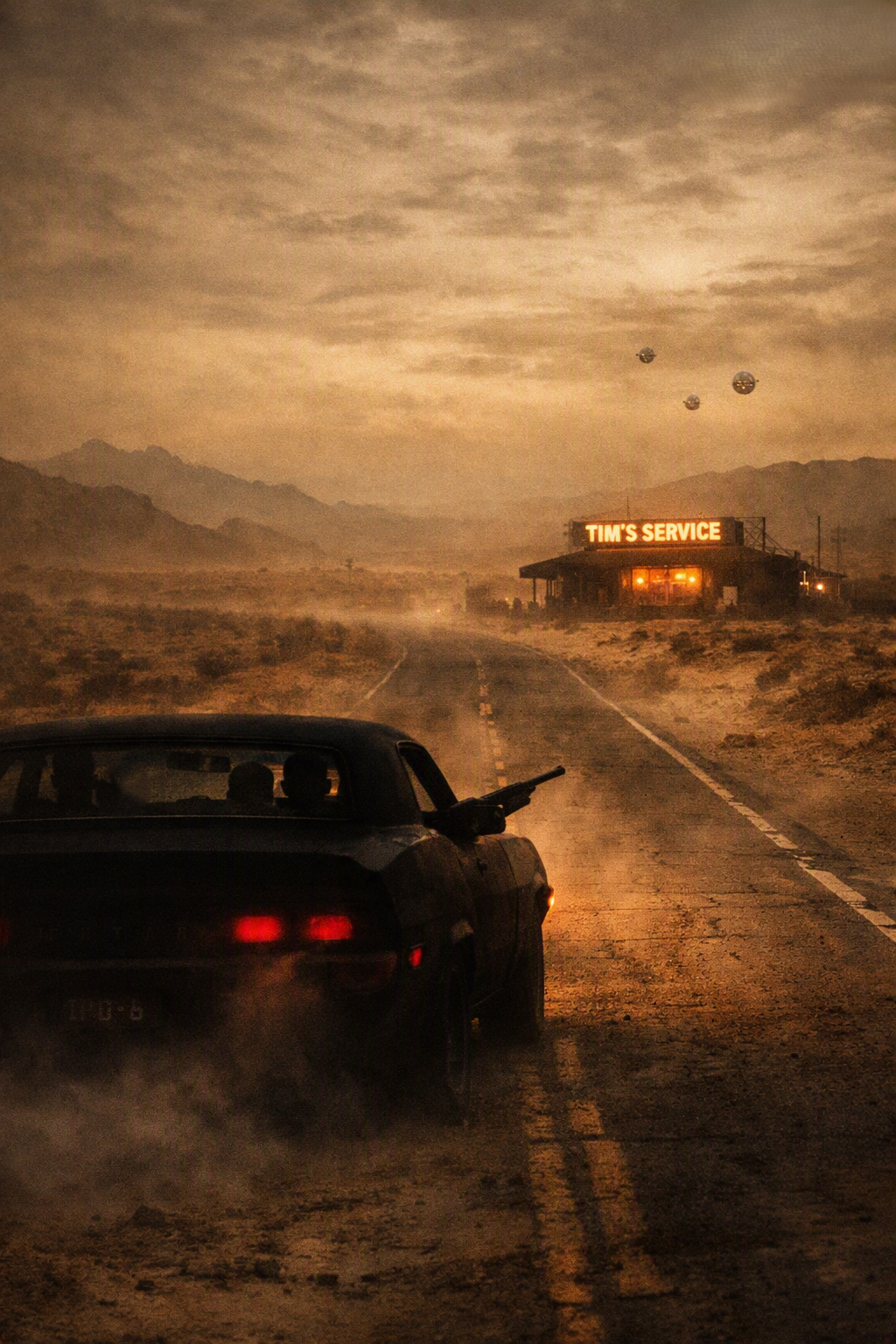 The Battlecuda approaches Tim's Service station through desert dust as silver spheres descend from the sky