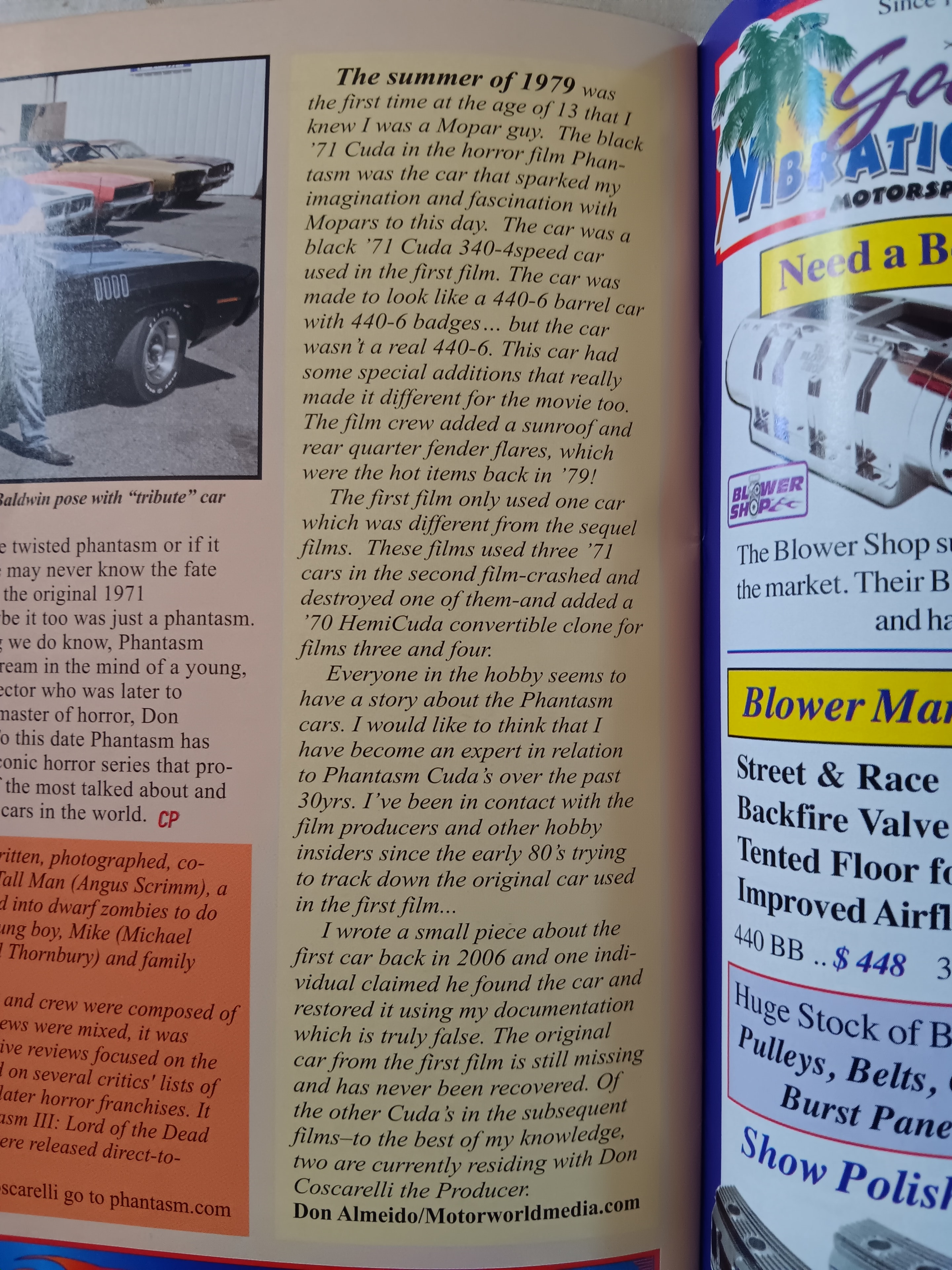 Chrysler Power Magazine article continuation page — the summer of 1979 passage and Don Almeido's signed statement about the imposter car