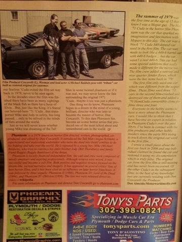 Chrysler Power Magazine article page — editor's note naming Don Almeido as Phantasm cultist and automotive journalist who uncovered the car's history