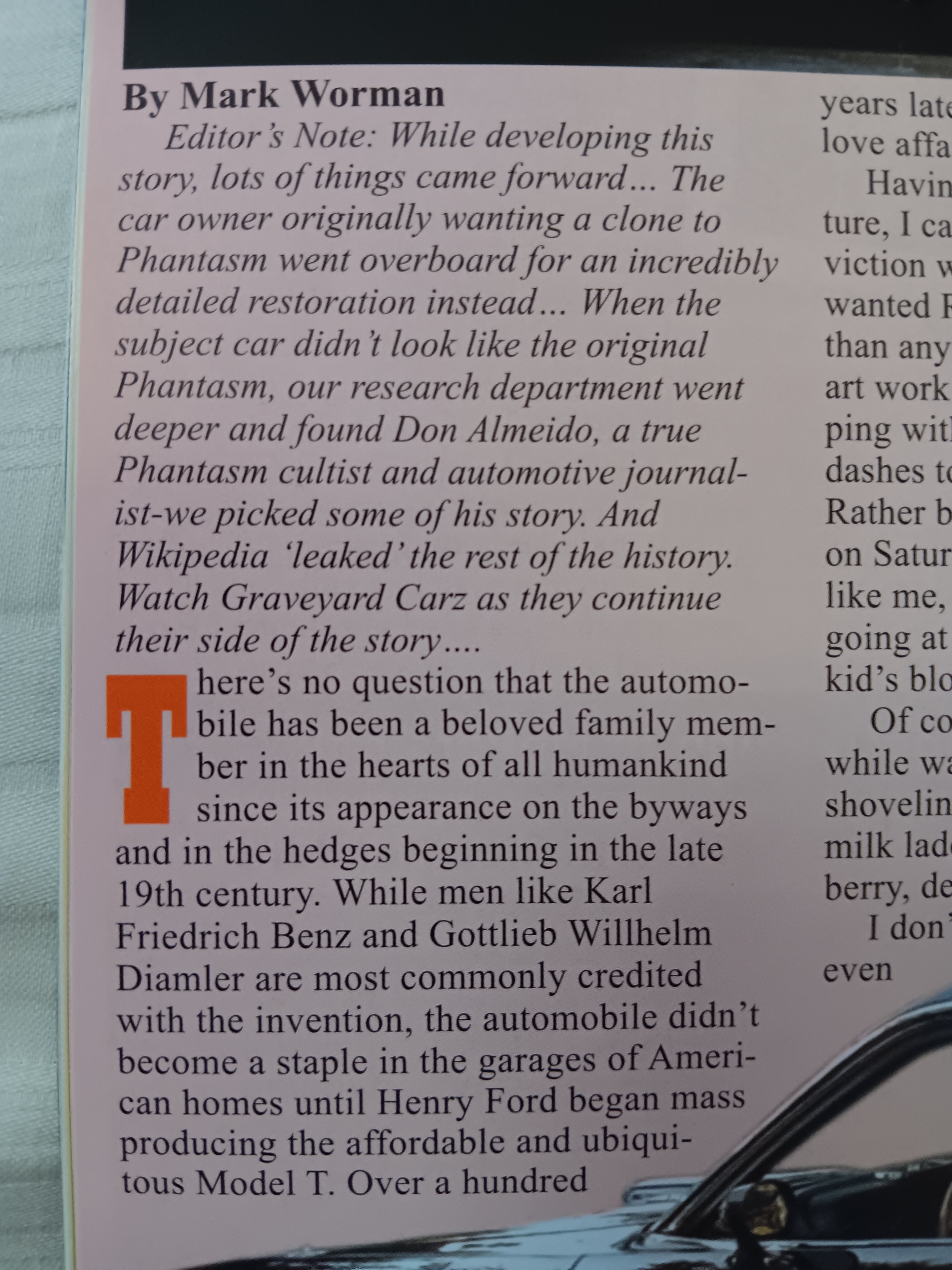 Close-up of Don Almeido's byline and statement in Chrysler Power Magazine — the published record naming him as the Phantasm Cuda authority
