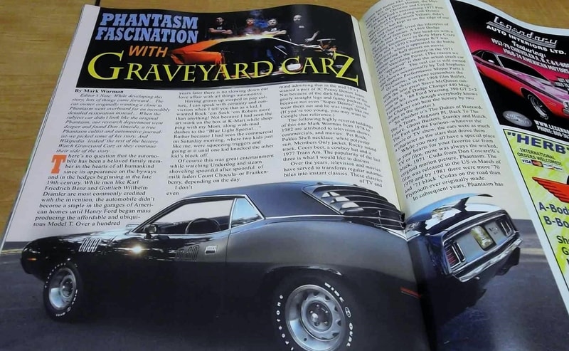 Chrysler Power Magazine — Phantasm Fascination with Graveyard Carz feature spread, showing the black 1971 Cuda and article by Mark Worman crediting Don Almeido
