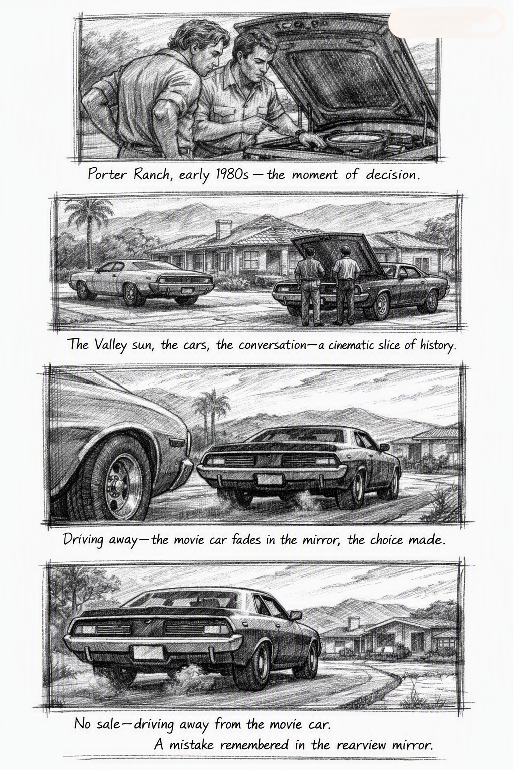 Four-panel storyboard reconstruction of the Porter Ranch driveway meeting — the moment a Moparts member inspected and passed on the original Phantasm Cuda, early 1980s