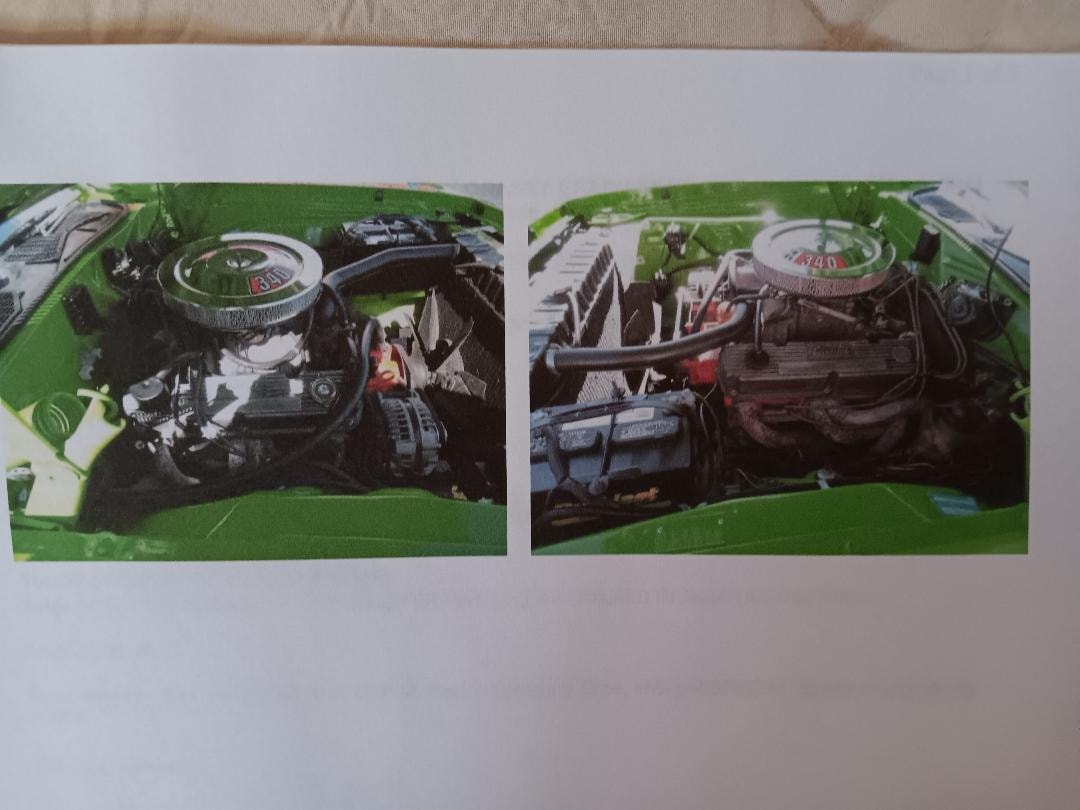 Two photographs of the imposter Cuda 340 V-8 engine bay — two angles of the same Sassy Grassy Green engine compartment