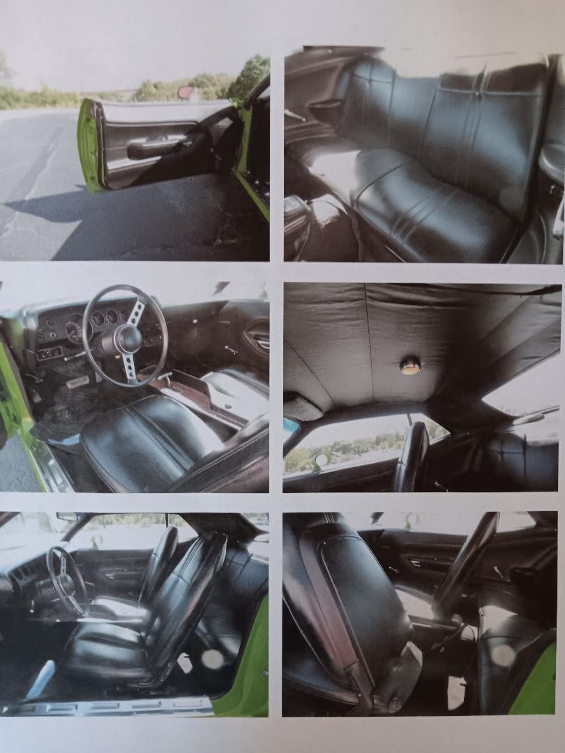 Imposter Cuda interior shots — door panel, rear seat, steering wheel, headliner, and bucket seats
