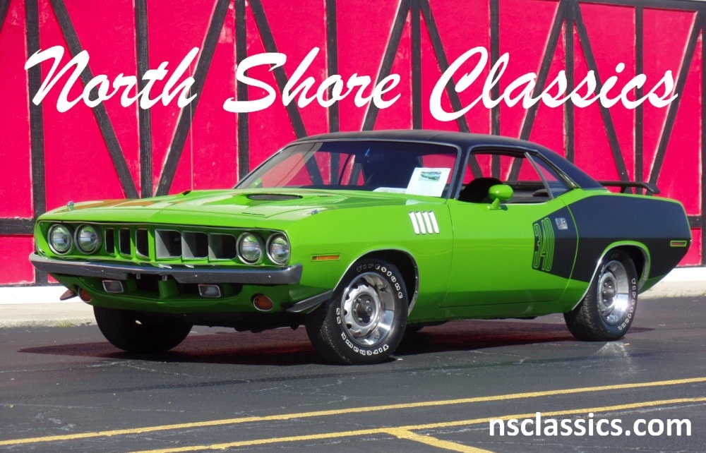 North Shore Classics dealer photo of the imposter 1971 Plymouth Cuda in Sassy Grassy Green — previously sold at auction claiming it was featured in Phantasm and an episode of CHiPs