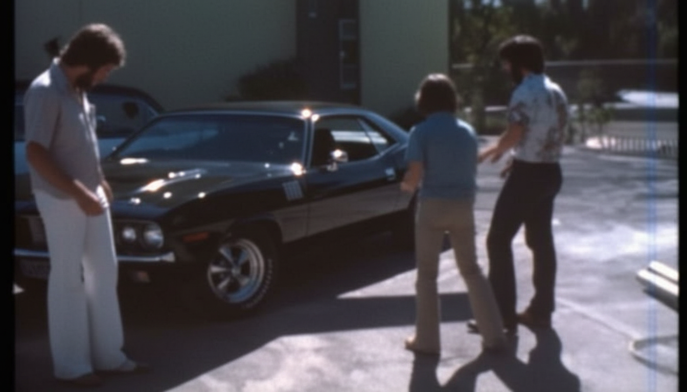 Rare on-set early pre-production photo still circa 1978 — crew members gathered around the black 1971 Plymouth Cuda in a parking lot