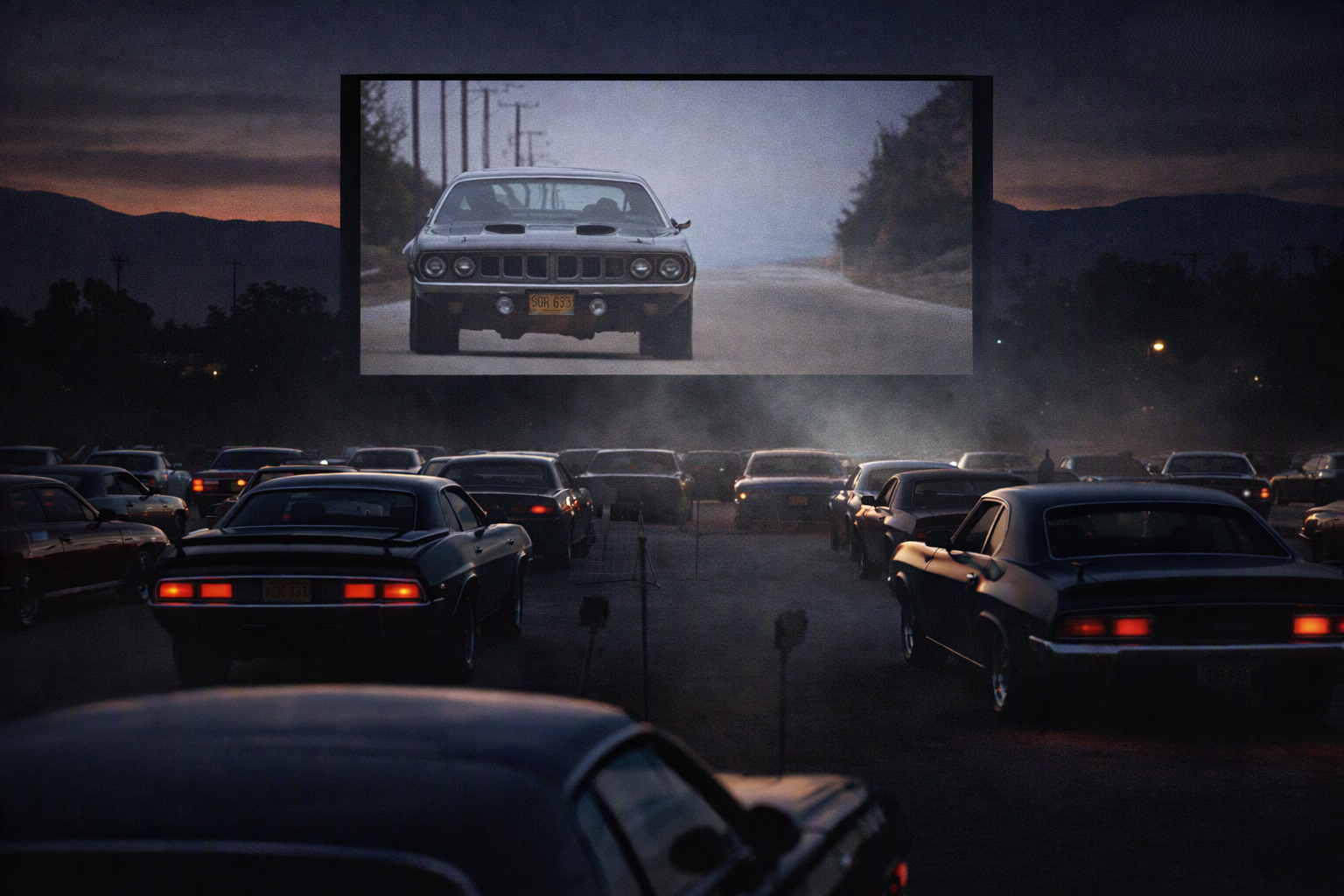 1979 drive-in theater packed with muscle cars as the Phantasm Cuda fills the screen — the myth projected larger than life